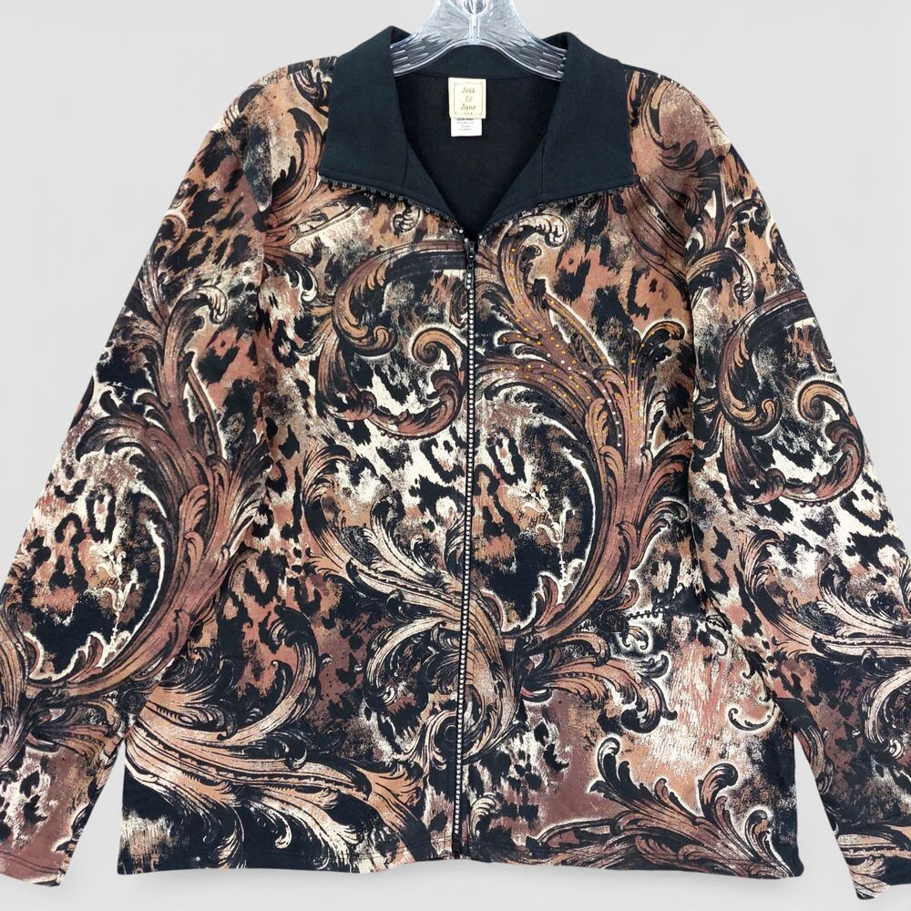 Jess & Jane Dynasty Zip Jacket XL Baroque Leopard Print Rhinestone Cotton USA